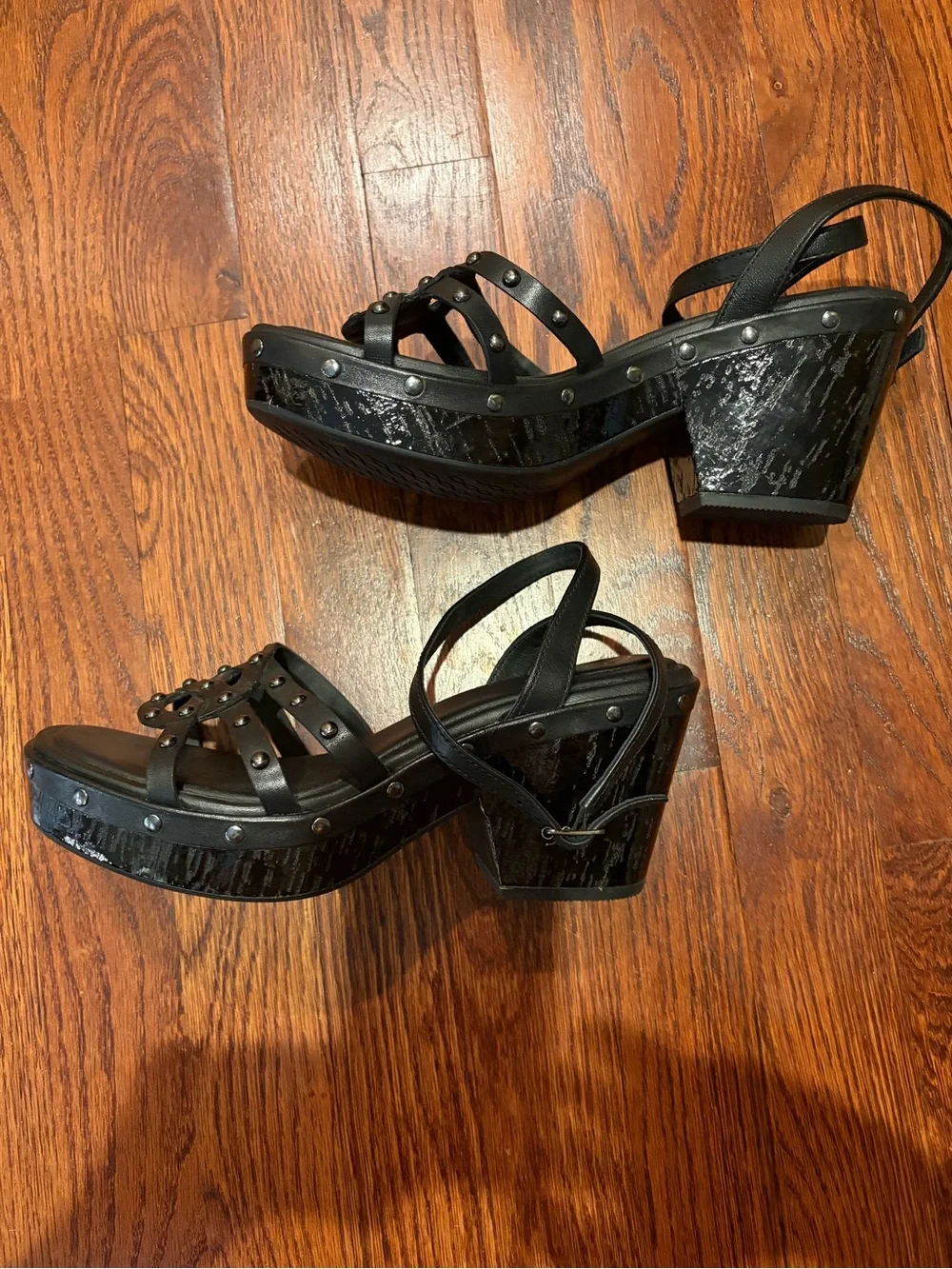 Clarks Black Studded Platform Sandals with Ankle Strap